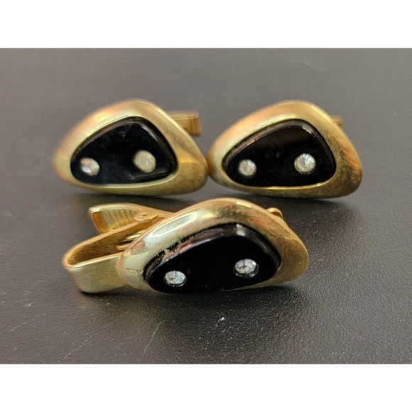 Vtg Black Onyx CZ Atomic Abstract Sarah Coventry Cufflinks Tie Clip Gold Tone - Picture 1 of 9